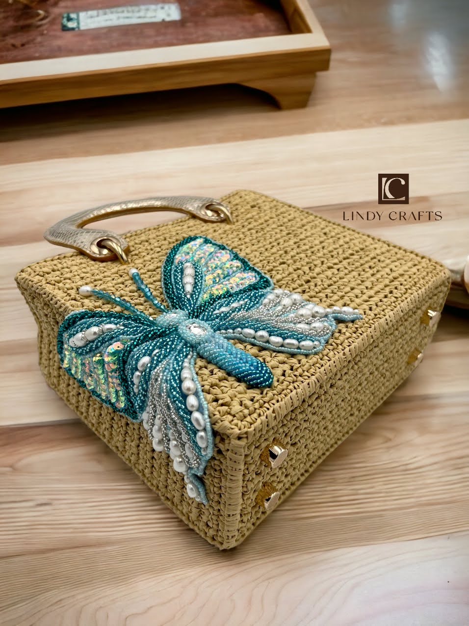 Blue butterfly and bag, Natural palm fiber, handmade - Made to order