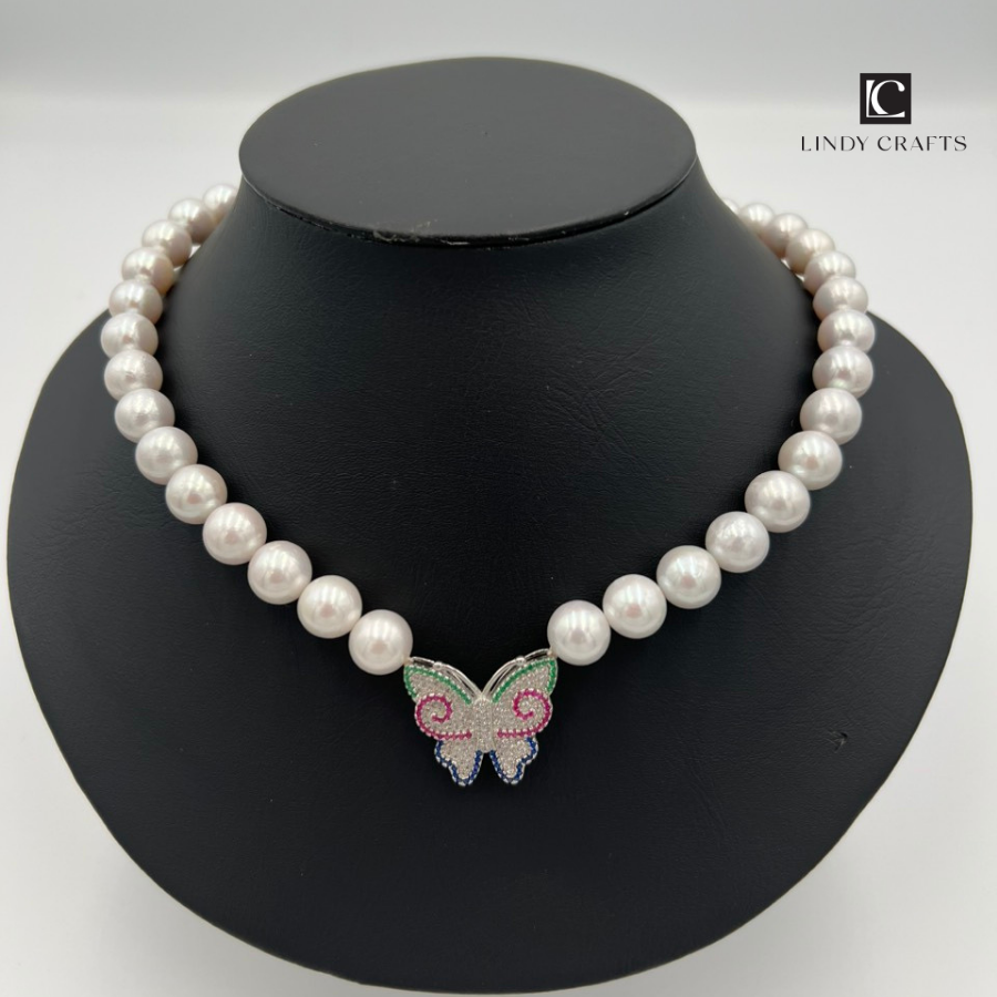 Colorful Butterfly White Freshwater Pearl Necklace - made to order