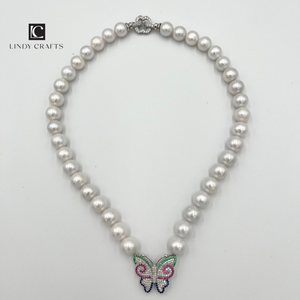 Colorful Butterfly White Freshwater Pearl Necklace - made to order