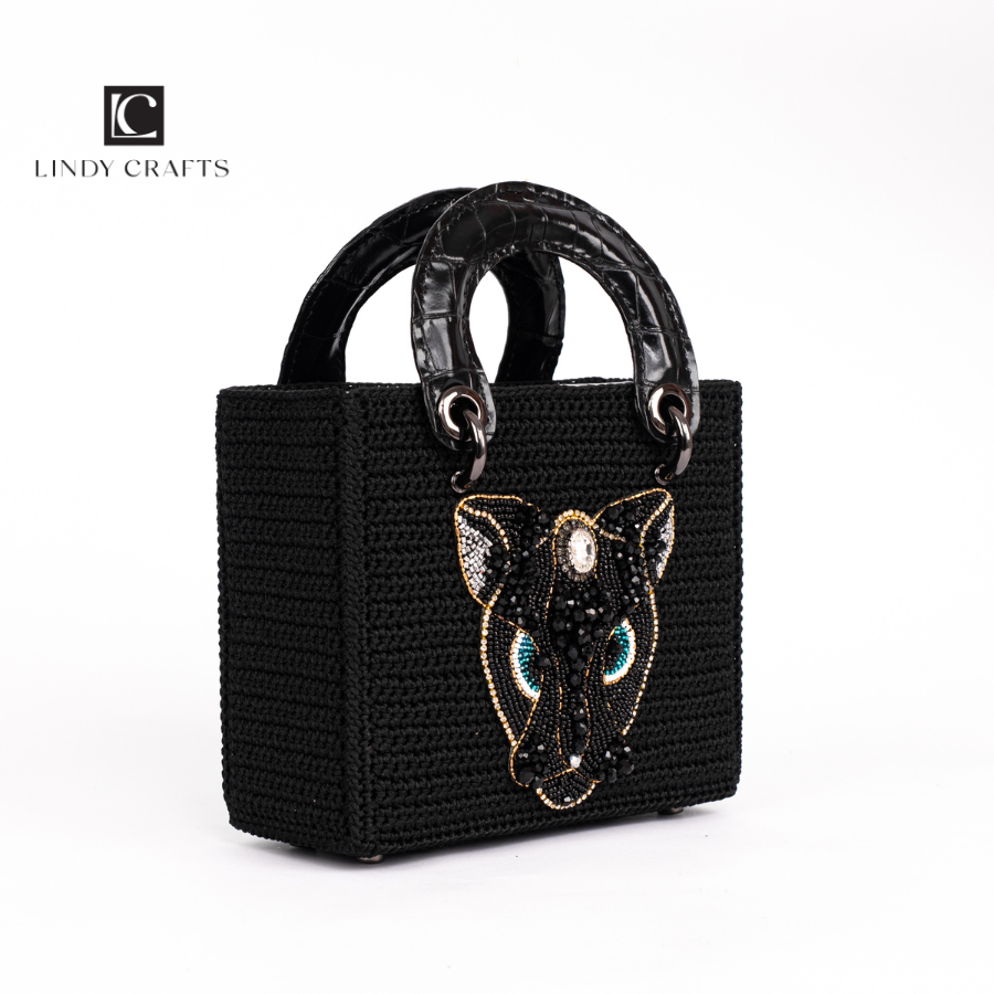Square Craft Yarn Handbag - Beaded Black Panther - Made to order