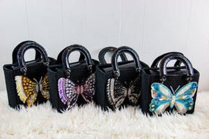 Square Craft Yarn Handbag - Butterfly Black Beaded - made to order