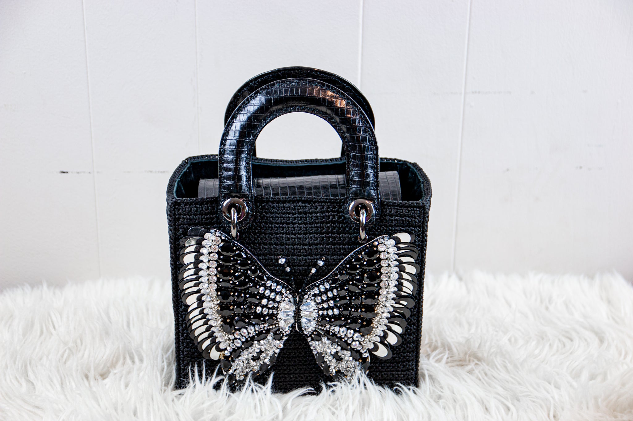 Square Craft Yarn Handbag - Butterfly Black Beaded - made to order