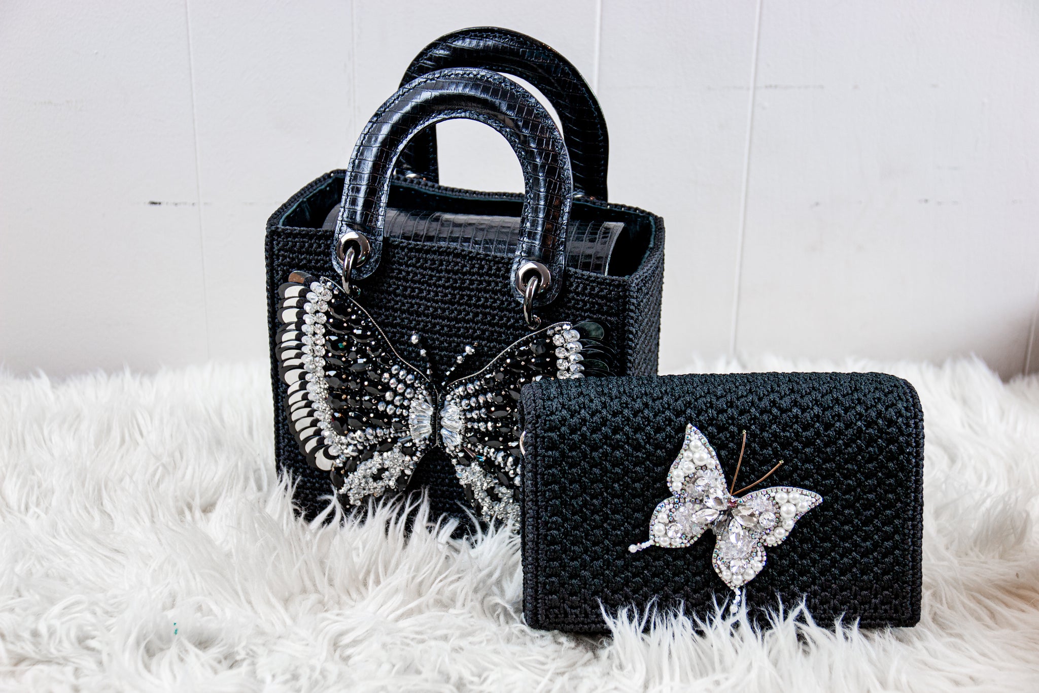 Square Craft Yarn Handbag - Butterfly Black Beaded