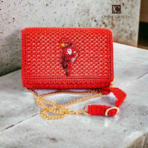 Handmade Palm Leaf Fiber Red Clutch - Parrot.