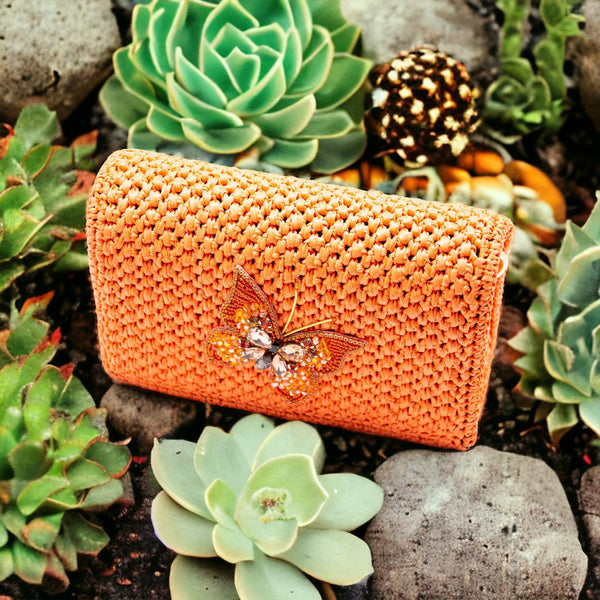 Handmade Palm Leaf Fiber Orange Clutch - Butterfly.