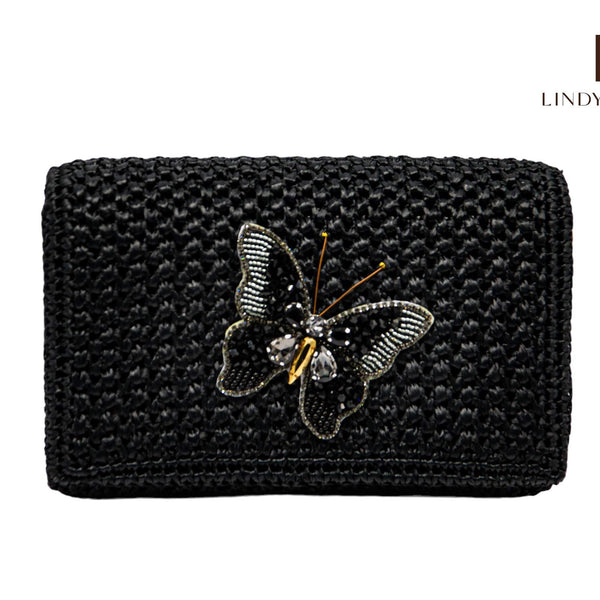 Handmade Palm Leaf Fiber Black Clutch - Butterfly,