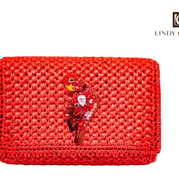 Handmade Palm Leaf Fiber Red Clutch - Parrot.