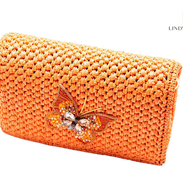 Handmade Palm Leaf Fiber Orange Clutch - Butterfly.