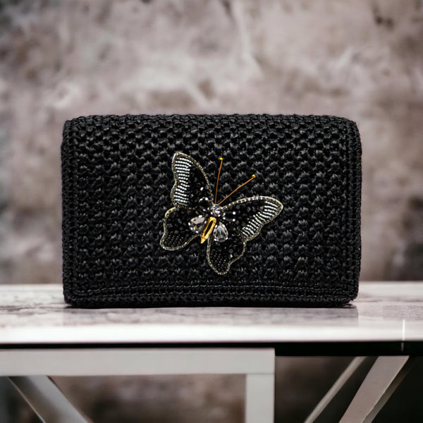 Handmade Palm Leaf Fiber Black Clutch - Butterfly,
