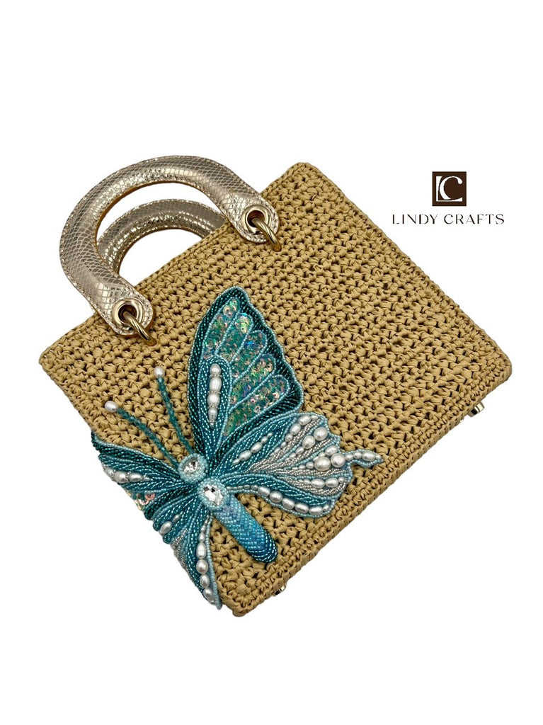 Blue butterfly and bag, Natural palm fiber, handmade