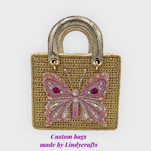 Pink butterfly and bag, Natural palm fiber, handmade - Made to order