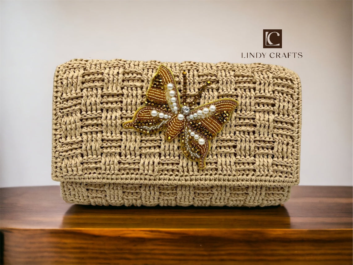 hand-crafted hand-made bag of brown palm leaves - butterfly - Made to oder