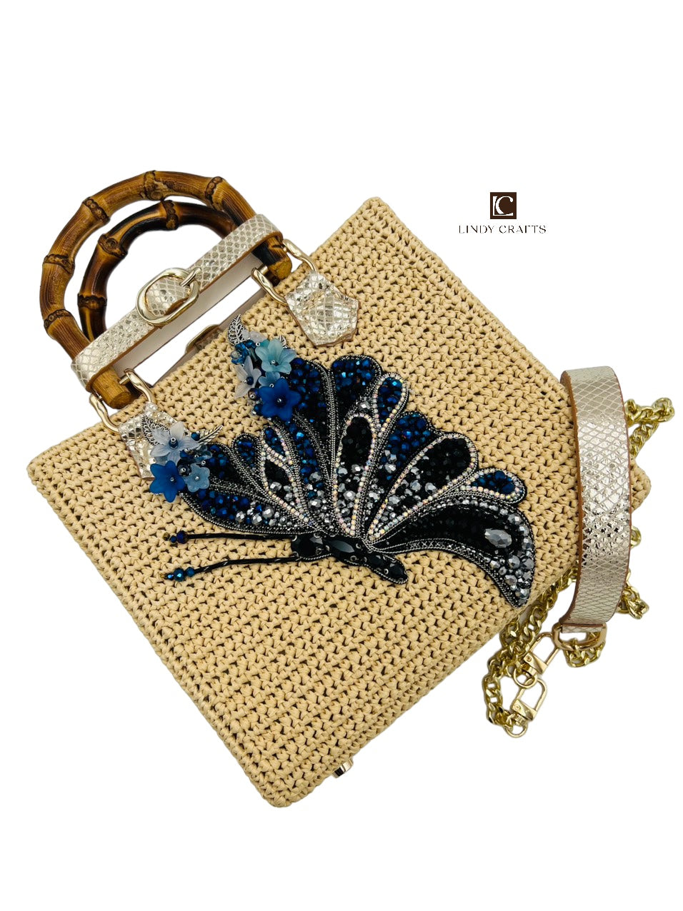 Spring Butterfly Ballet Bamboo Bag in Nude - Dark Blue - Made to order