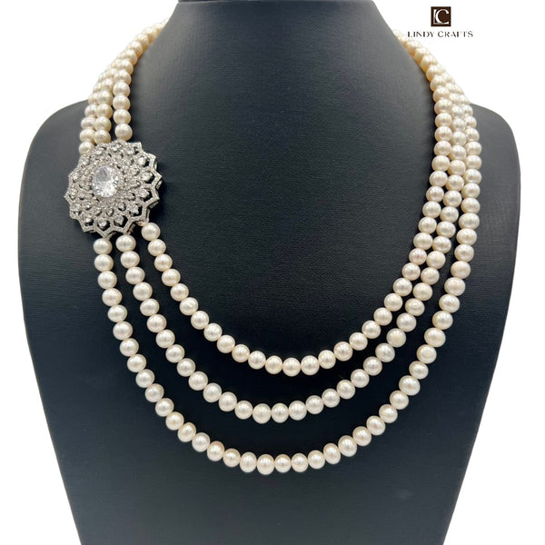 Multi Layer Pearl Chain Necklace In 925 Sterling Silver, Size Multi Layer Pearl Chain Necklace In 925 Sterling Silver, Size