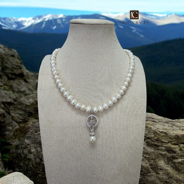 Our Lady of La Vang Pearl Necklace – Rhodium Plated Sterling Silver