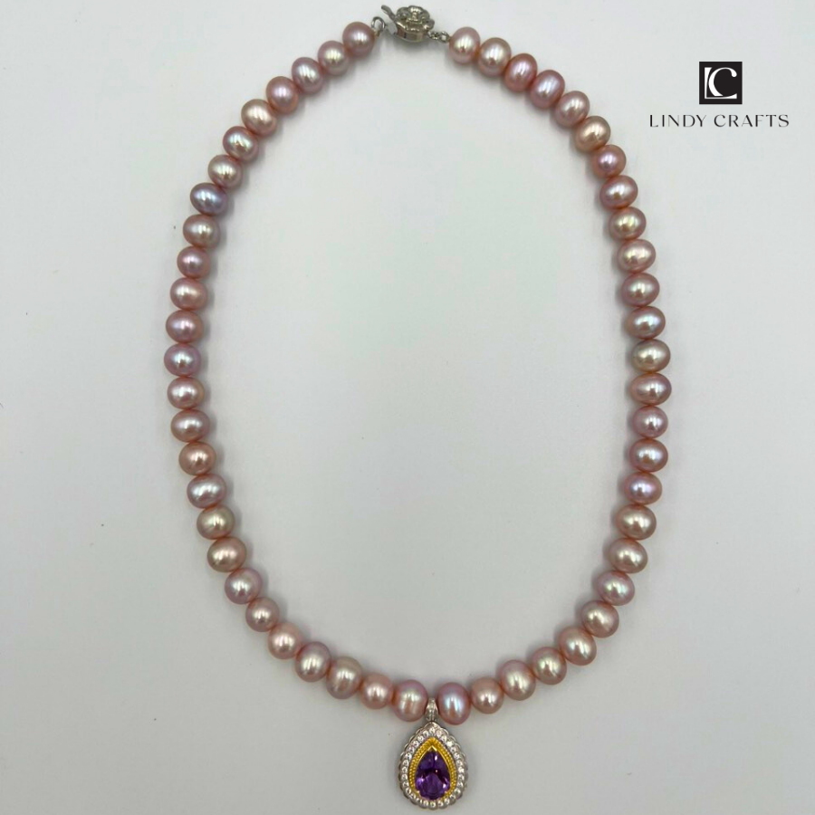 Pearls Chain With Amethyst Gemstone Purple Ladies Necklace Noble Approx - Made To oder