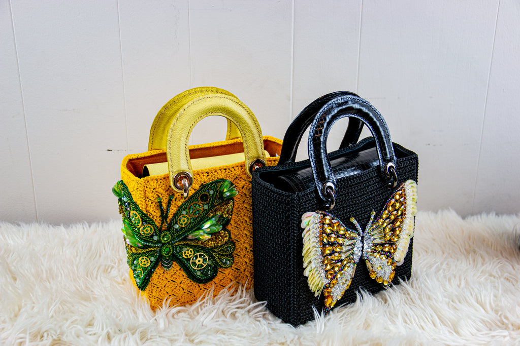 Square Craft Yarn Handbag - Butterfly Gold Beaded