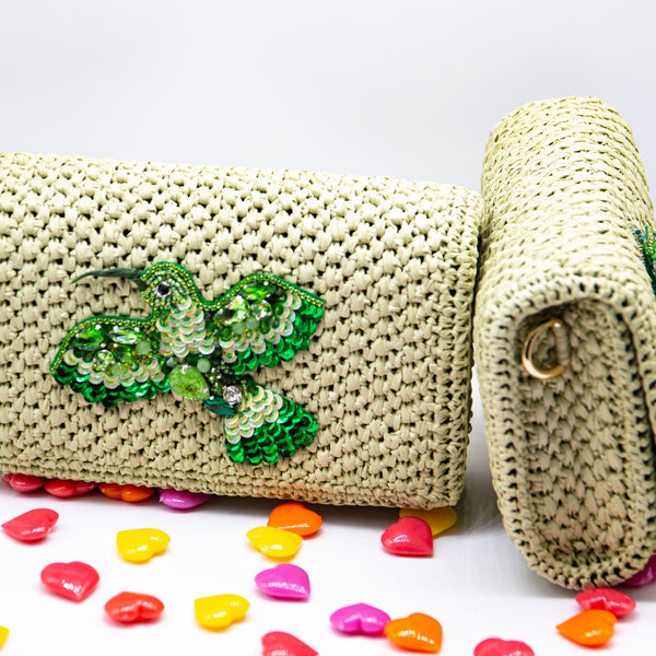 Handmade palm leaf fiber clutch - The Hummingbird or butterfly