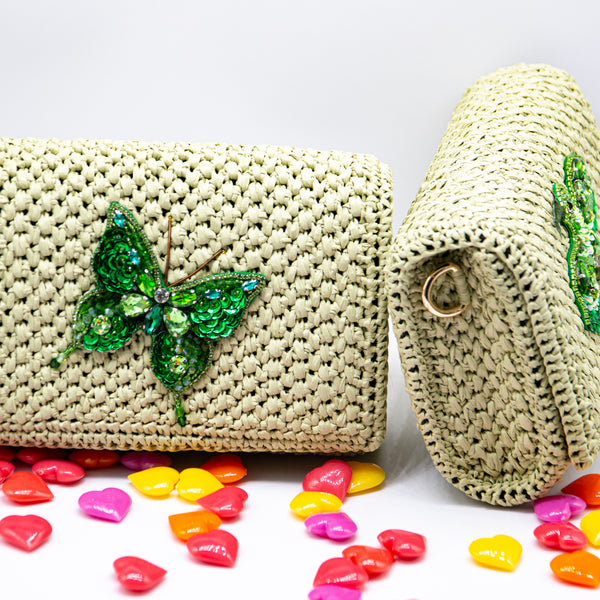 Handmade palm leaf fiber clutch - The Hummingbird or butterfly
