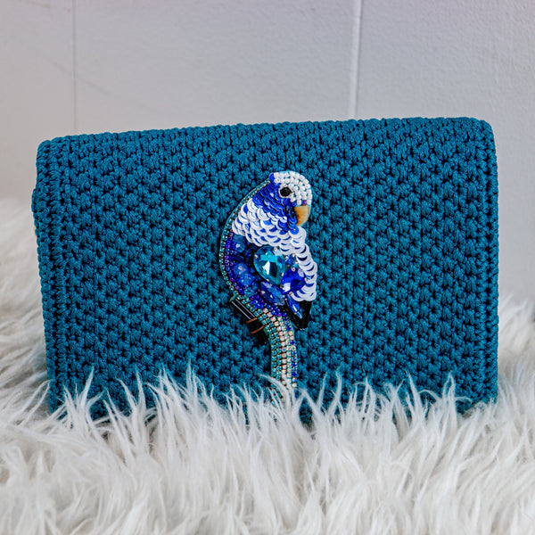 Handmade Palm Leaf Fiber Deep Blue Clutch - Parrot - Blue, Red, Purple