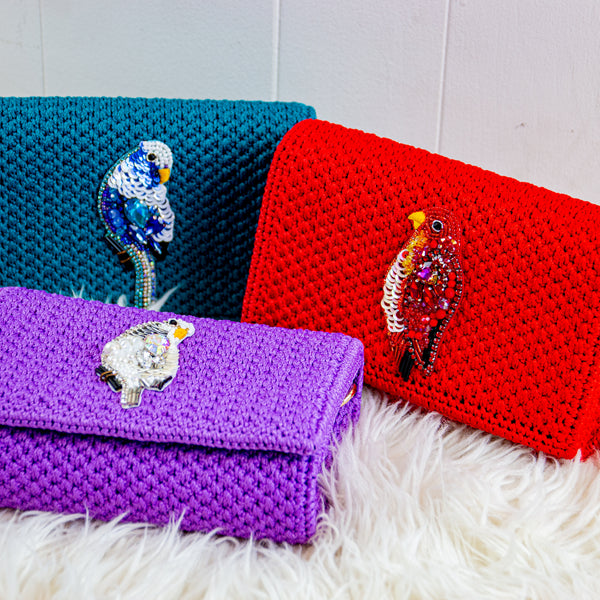 Handmade Palm Leaf Fiber Deep Blue Clutch - Parrot - Blue, Red, Purple
