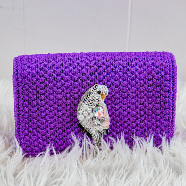 Handmade Palm Leaf Fiber Purple Clutch - Parrot