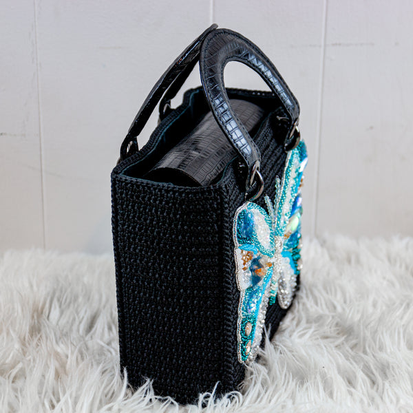 Square Craft Yarn Handbag - Butterfly Blue Beaded - Made to order