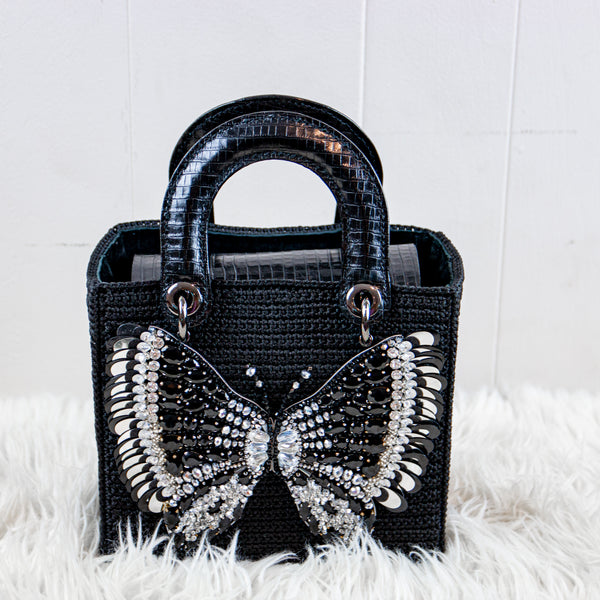 Square Craft Yarn Handbag - Butterfly Black Beaded - made to order