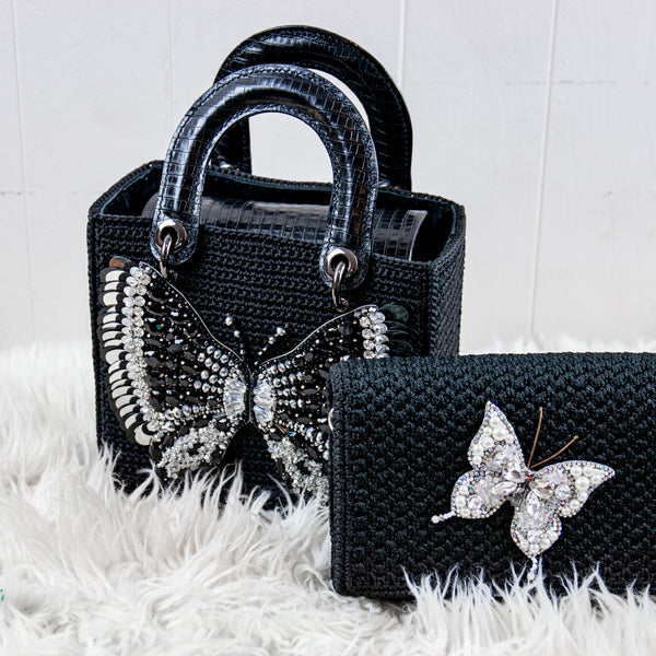 Square Craft Yarn Handbag - Butterfly Black Beaded - made to order