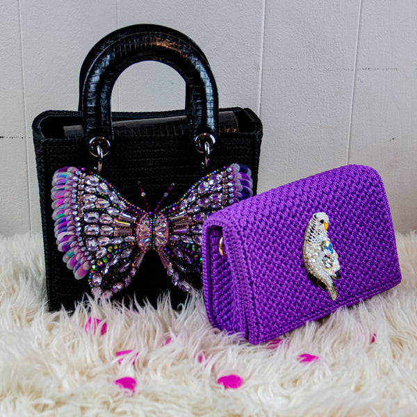 Handmade Palm Leaf Fiber Purple Clutch - Parrot
