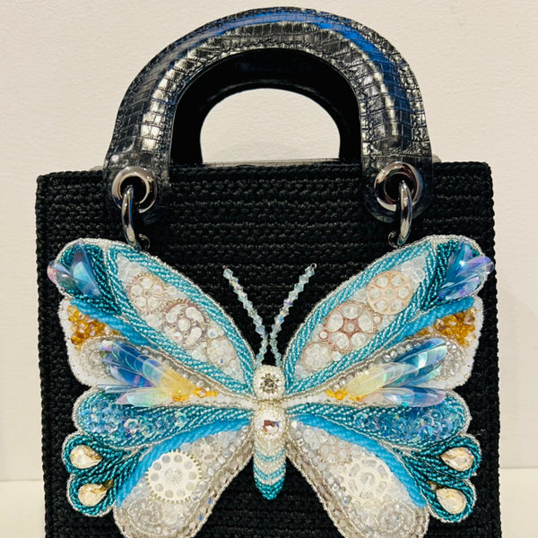 Square Craft Yarn Handbag - Butterfly Blue Beaded - Made to order