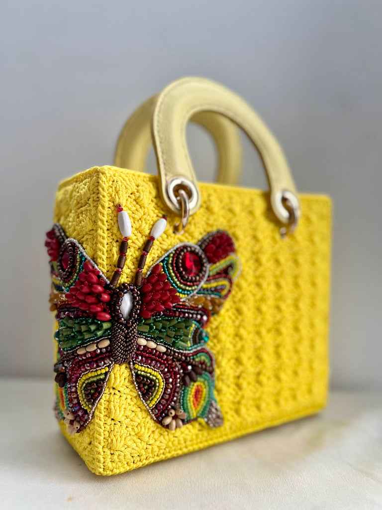Square Craft Yarn Handbag - Butterfly Black  Beaded